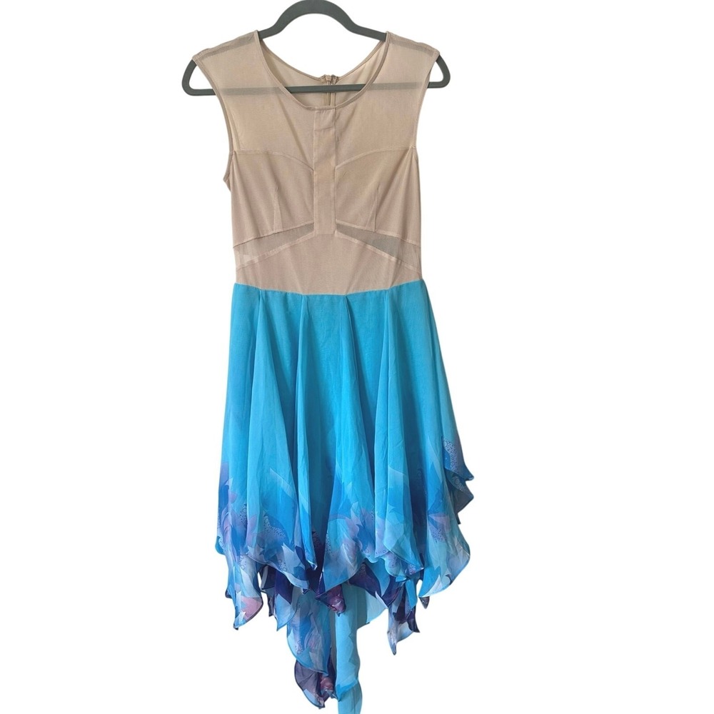 Ark & Co Womens NWT Blue Tan Mesh Handkerchief Hem Cocktail Dress, Party, Dance‎